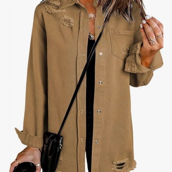 Amazon Jackets & Blazers - Women's Denim Amazon Stylish Tan Distressed Button-Up Shirt